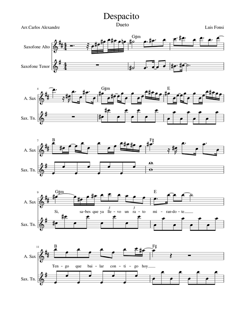 Despacito Sheet music for Saxophone alto, Saxophone tenor (Woodwind