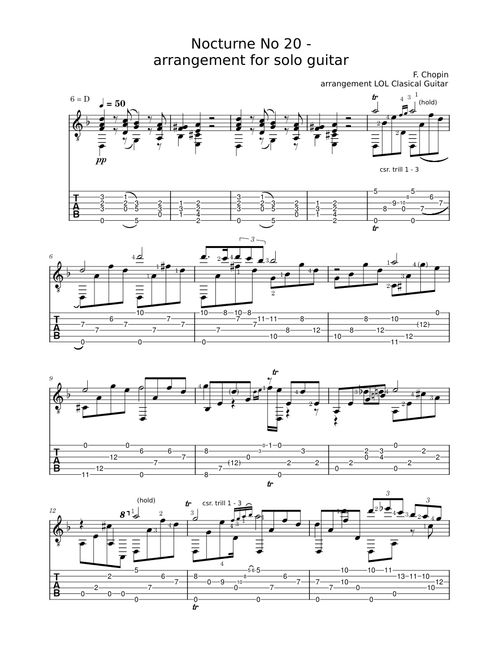 Nocturne 20 – Frédéric Chopin for solo guitar with tab