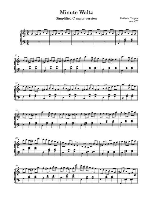 Chopin's "Minute Waltz" - simplified C major version (Arr. Kiss the Rain) - Frédéric Chopin (Piano Solo)