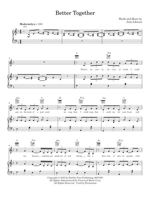Better Together - Jack Johnson (Piano-Vocal-Guitar)