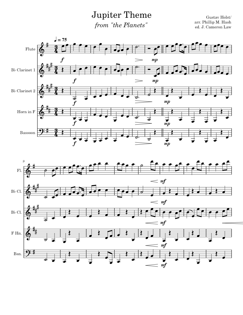 Jupiter Theme Woodwind Quintet Sheet music for Flute, in b