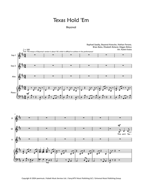 Texas Hold 'em (Arr. Karen Ivana) - Beyoncé (Choral, SSA)