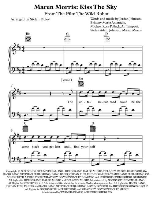 Kiss The Sky (Arr. Stefan Dulov) - Maren Morris (Piano-Vocal-Guitar (Piano Accompaniment))