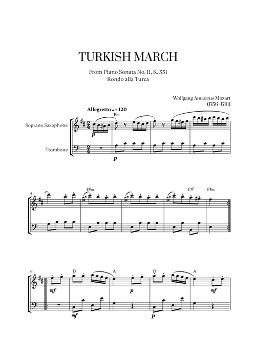 W. A. Mozart - Turkish March (Alla Turca) for Soprano Saxophone and Trombone (Arr. Cadenza Editions) (Instrumental Duet)