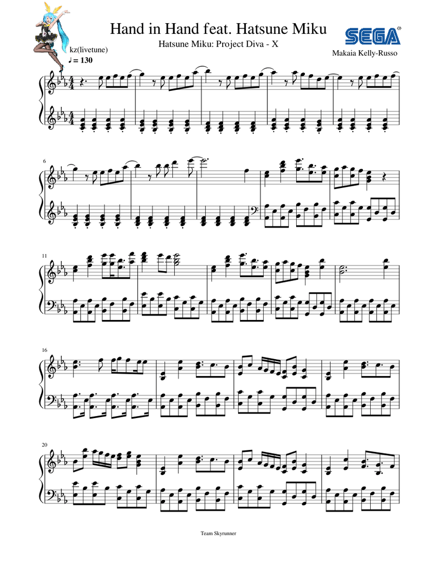 Hand in Hand feat. Hatsune Miku by kz(livetune) Sheet Music for