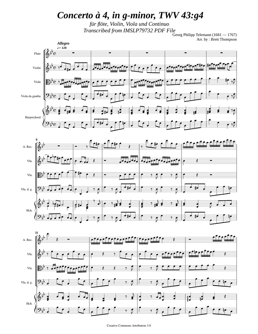 Telemann, G.P. _ Concerto à 4, g-moll TWV 43:g4 [Rec, Vln, Vla, BC