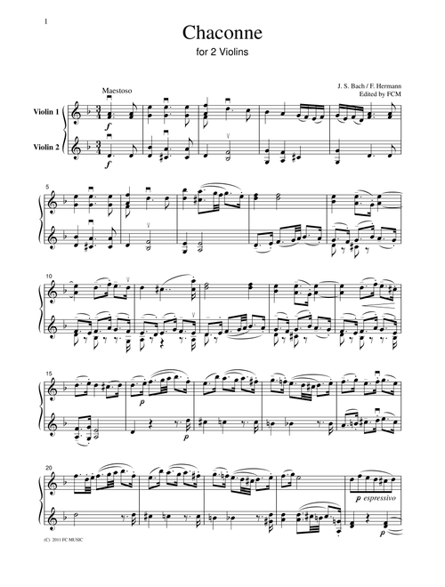 Bach Chaconne, for 2 Violins, VN204 (Arr. F. Hermann) (Violin Solo)