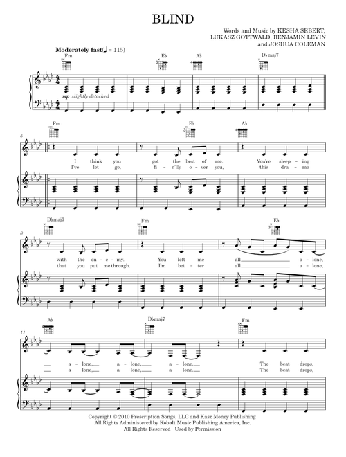 Blind - 3OH!3, 3OH!3 featuring Ke$ha, Ke$ha (Piano-Vocal-Guitar)