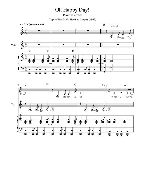 Oh Happy Day chorale 2 voix et piano