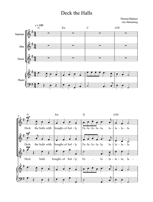Deck The Hall - Christmas Songs for Choir SAT. Score and parts included. (Arr. Heisenberg) - Thomas Oliphant (Choral, SAT)