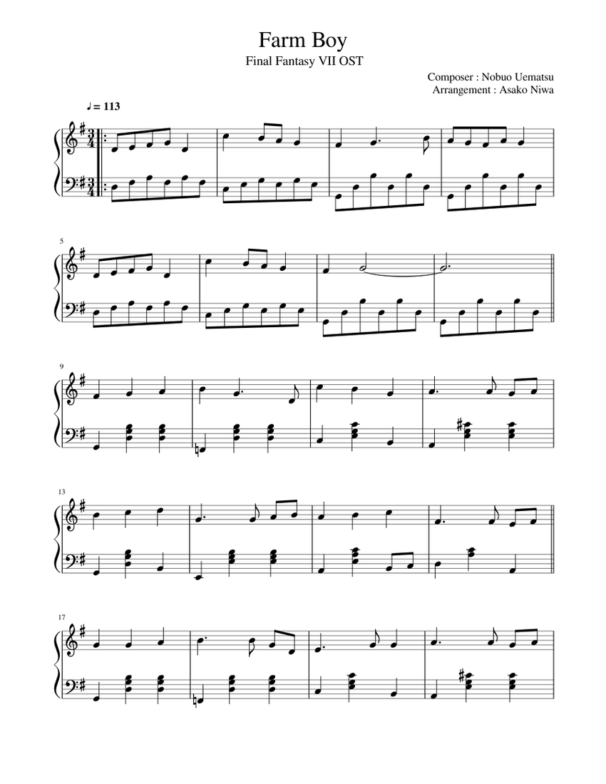 Final Fantasy VII OST - Farm Boy Sheet Music for Piano (Solo) easy