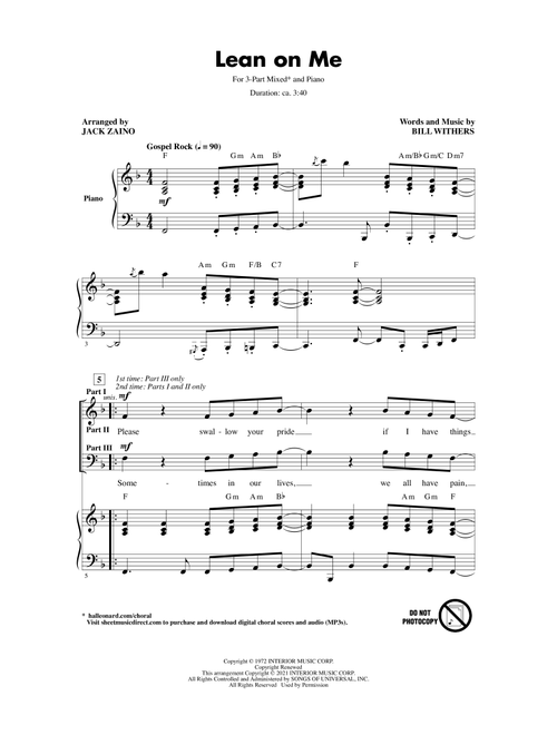 Lean On Me (arr. Jack Zaino) - Bill Withers (Choral, 3-Part Mixed)