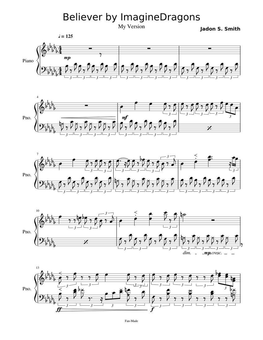 Believer|Imagine Dragons|Piano Sheet music for Piano, Drum group (Mixed ...
