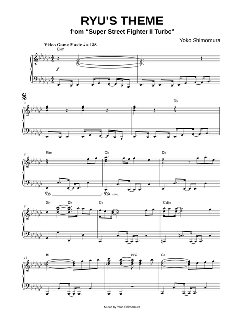 Ryu's Theme (from Super Street Fighter II Turbo) - Yoko Shimomura (Piano)