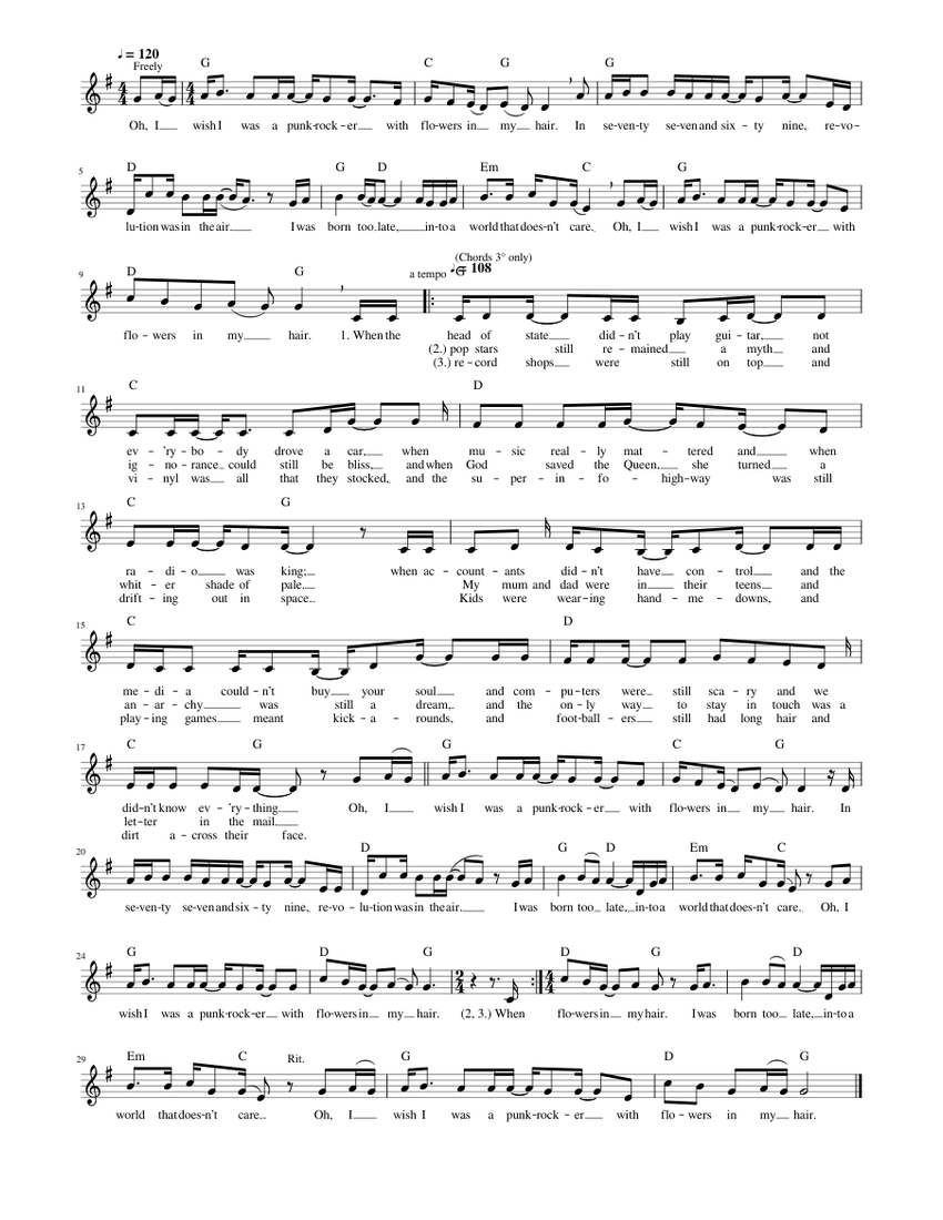 Leadsheat I Wish I Was A Punk Rocker (With Flowers In My Hair) Sandi Thom Sheet music for