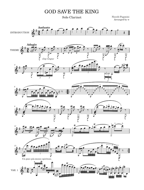 Variations on 'God Save the King', Op.9 – Niccolò Paganini for Solo Clarinet