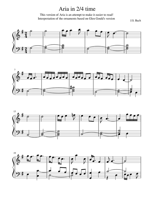 Aria from the Goldberg variations, by J.S. Bach, transcribed in 2/4 time signature