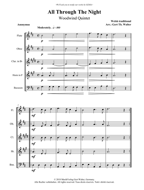 All Through The Night (Arr. Gert Th. Walter) - Welsh Traditional (Small Ensemble)