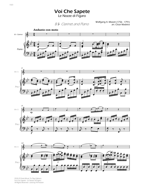 Voi Che Sapete from Le Nozze di Figaro - Bb Clarinet and Piano (Full Score) (Arr. César Madeira) - Wolfgang Amadeus Mozart (Clarinet and Piano)