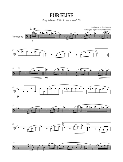 Beethoven • Für Elise / Pour Elise • trombone sheet music (Arr. Benzaiten Editions) - Ludwig Van Beethoven (Trombone Solo)