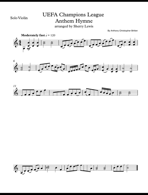 Uefa Champions League Team (Arr. Sherry Lewis Publishing) - Anthony Christopher Britten (Violin Solo)