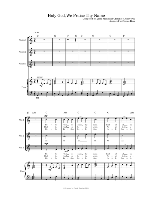 Holy God We Praise Thy Name violin trio and piano (Arr. Connie Boss) - Ignaz Franz and Clarence A Walworth (Small Ensemble)