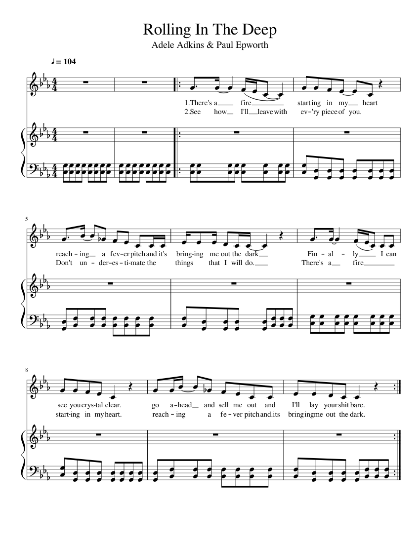 Rolling in the deep sheet music for piano vocals piano voice