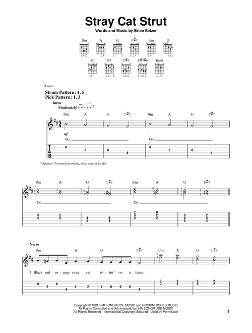 Stray Cat Strut - Stray Cats, Brian Setzer (Easy Guitar with TAB)