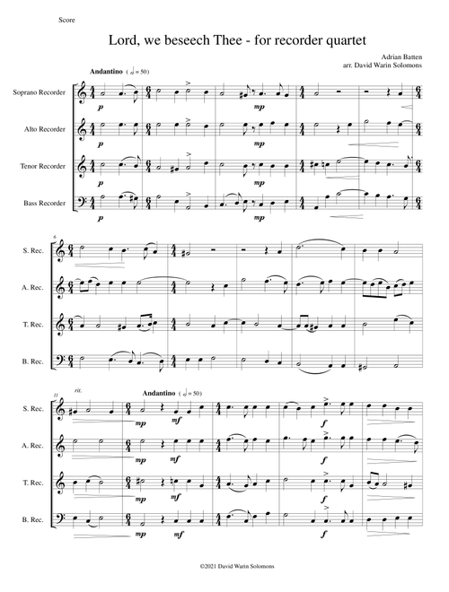 Lord, we beseech Thee for recorder quartet (Arr. David Warin Solomons) - Adrian Batten (Small Ensemble)