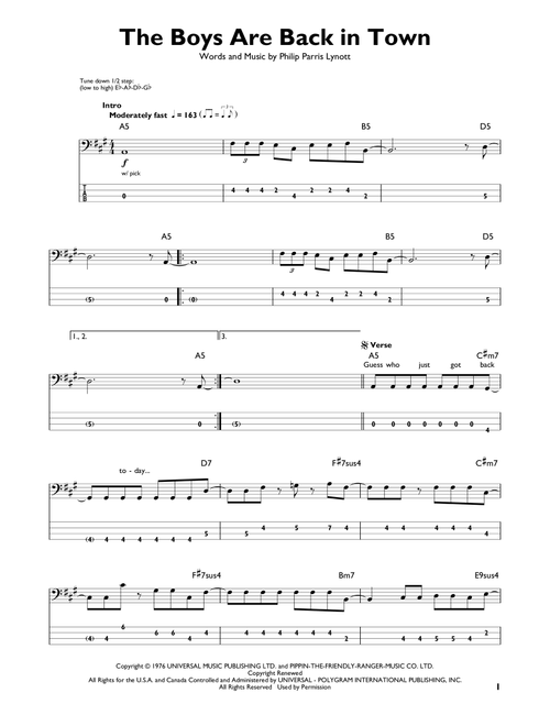 The Boys Are Back In Town - Thin Lizzy (Easy Bass Tab)