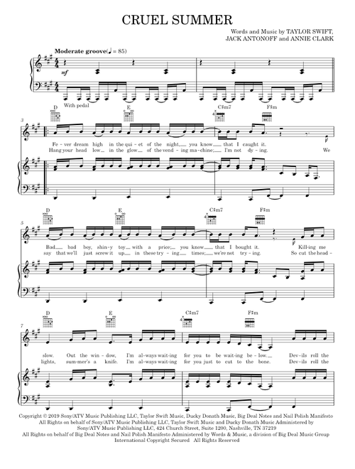Cruel summer - Taylor Swift (Piano-Vocal-Guitar)