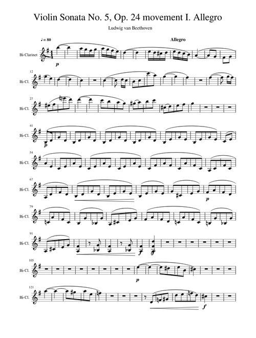 Bb Beethoven - Simplified Violin Sonata No.5 Op.24 Spring movement I. Allegro Clarinet Alto Sax Flute