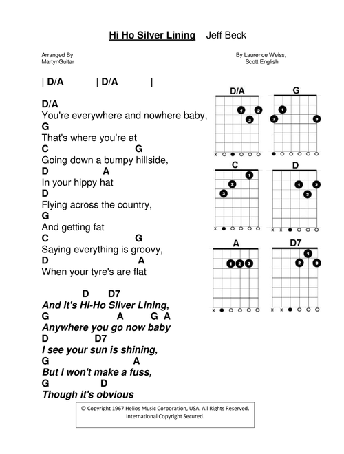 Hi Ho Silver Lining (Arr. MartynGuitar) - Jeff Beck (Guitar Chords-Lyrics)