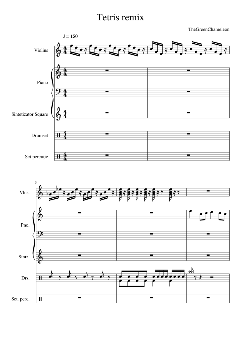 Tetris remix Sheet music for Piano, Drum group, Strings group, Synthesizer  (Mixed Quintet) 