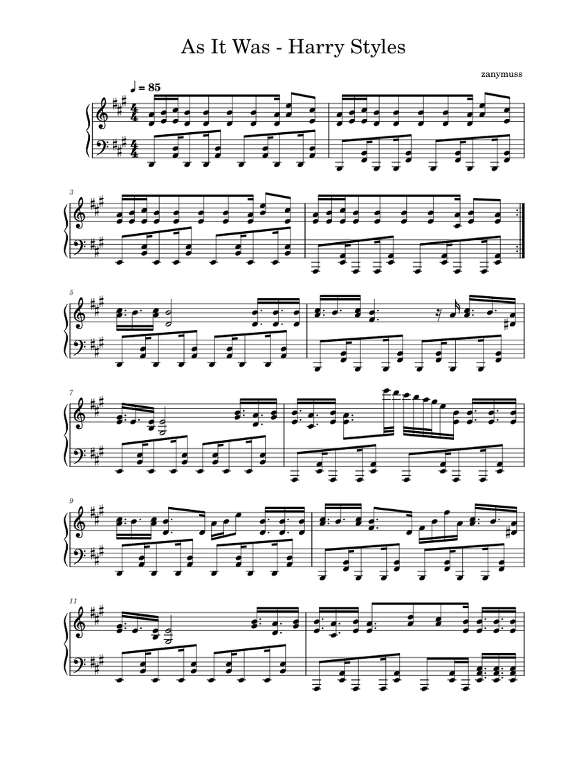 As it was harry styles sheet music for piano solo musescore