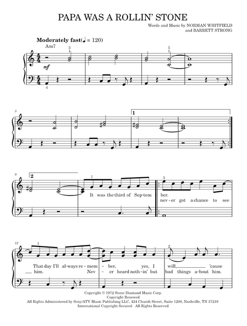 Papa Was A Rollin' Stone - George Michael, The Temptations (Easy Piano)