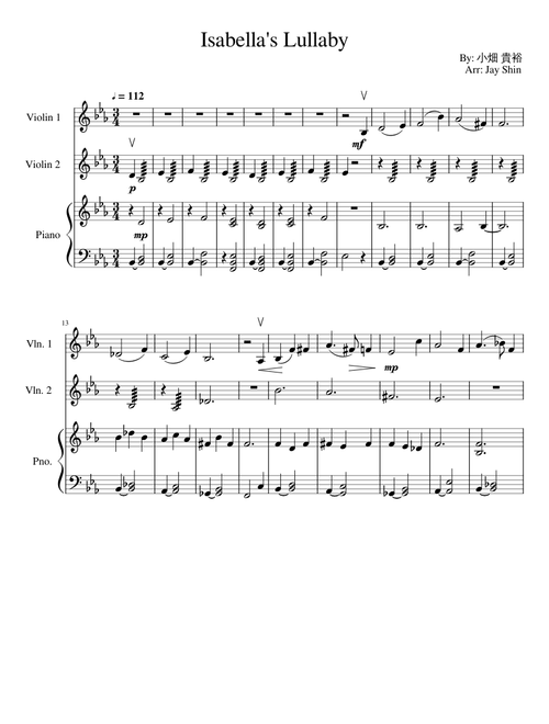 Isabella's Lullaby (Piano, Violin 1, Violin 2)