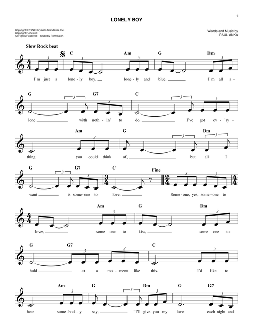 Lonely Boy - Paul Anka (Easy Lead Sheet - Fake Book)