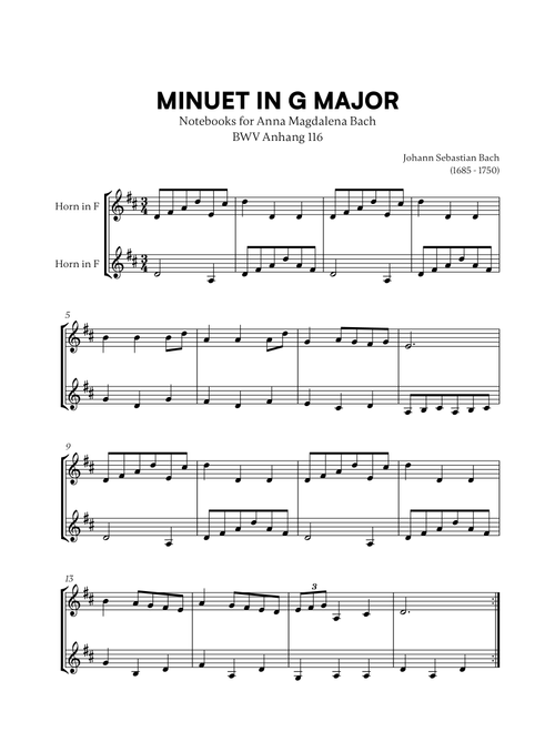 Johann Sebastian Bach - Minuet in G Major (BWV Anh. 116) (for French Horn Duet) (Arr. Cadenza Editions) (French Horn Duet)