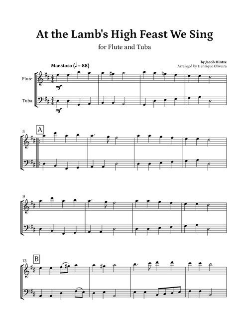At the Lamb's High Feast We Sing (Flute and Tuba) - Easter Hymn (Arr. Henrique Oliveira) - Jacob Hintze (Instrumental Duet)