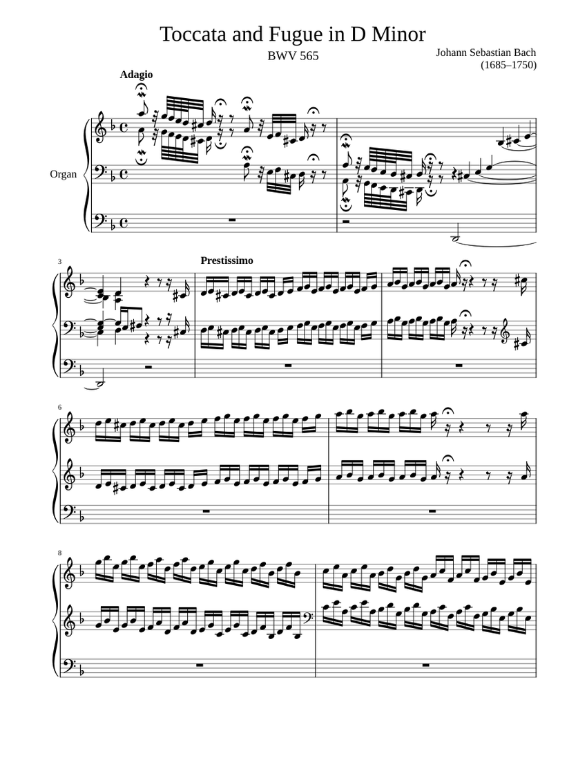 Toccata And Fugue In D Minor For Organ Sheet Music For Organ Solo
