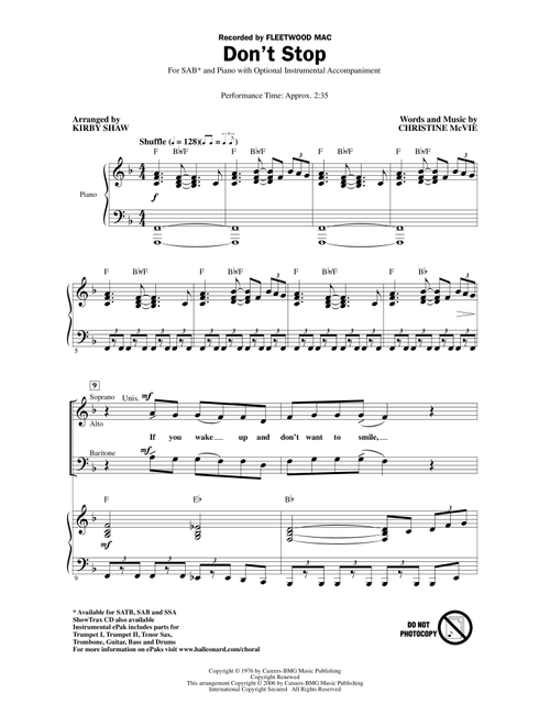 Don't Stop (Arr. Kirby Shaw) - Fleetwood Mac, Christine McVie (Choral, SAB)