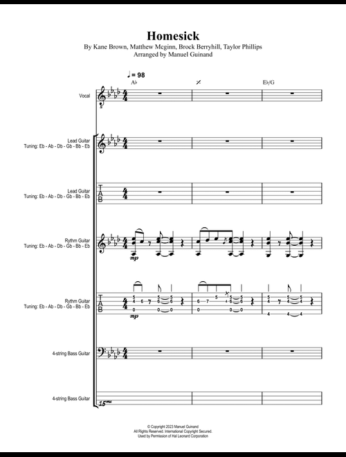 Homesick (Arr. Manuel Guinand) - Kane Brown (Piano-Vocal-Guitar (Piano Accompaniment))