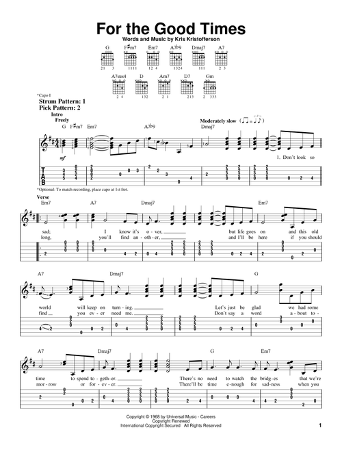 For The Good Times - Ray Price, Elvis Presley, Kris Kristofferson (Easy Guitar with TAB)