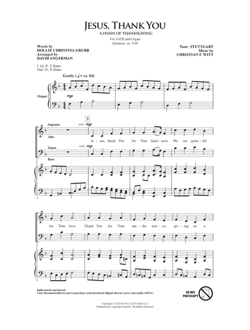 Jesus, Thank You (A Hymn Of Thanksgiving) (arr. David Angerman) - Hollie Christina Grubb, Christian F Witt (Choral, SATB)