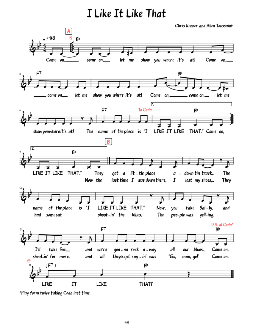 I Like It Like That (Lead sheet with lyrics ) Sheet Music with