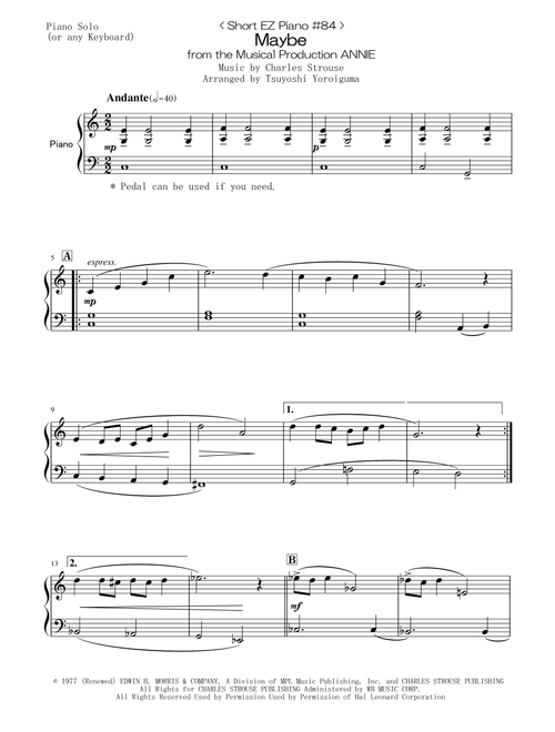 Maybe (Arr. Tsuyoshi Yoroiguma) - Charles Strouse (Easy Piano)