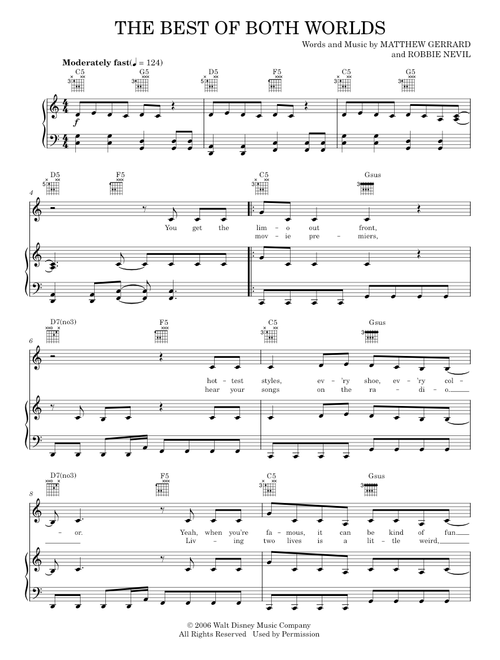 The Best Of Both Worlds - Hannah Montana, Hannah Montana Movie, Miley Cyrus (Piano-Vocal-Guitar)