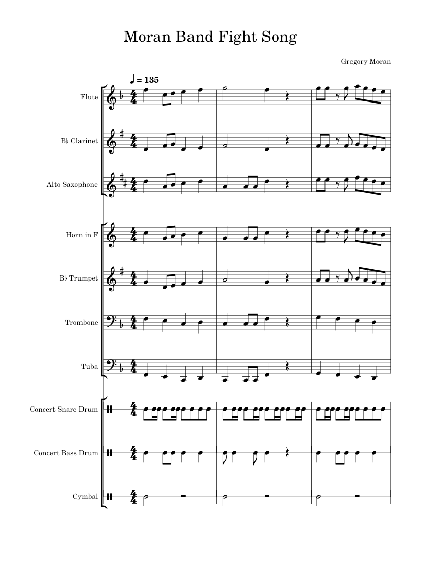 Simplified fight song sheet music for trombone tuba flute clarinet