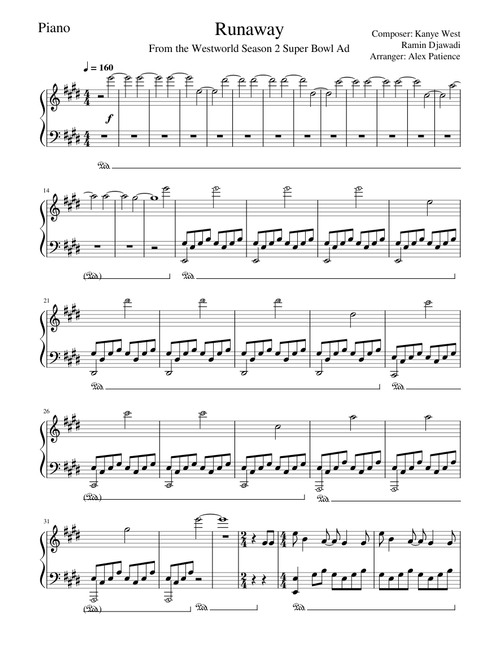Runaway - Kanye West (Ramin Djawadi) Arr. by Alex Patience sheet music arranged by bd604 for Solo